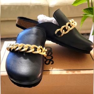 ASOS NWT MOLLY LEATHER MULE BLACK GOLD HARDWARE US 7 UK 5